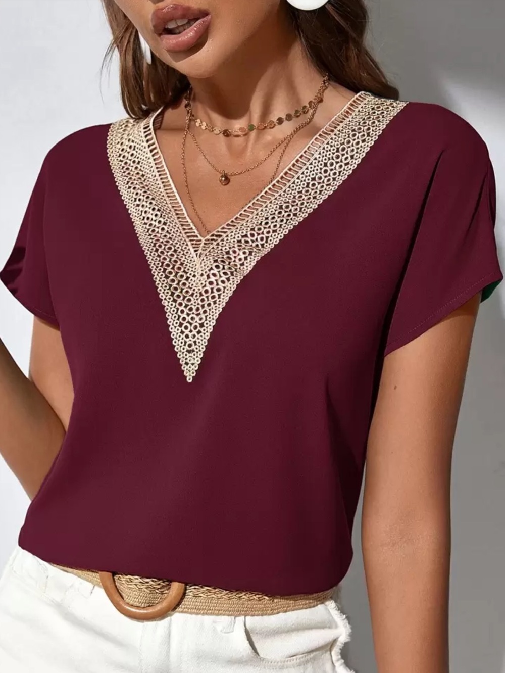 Lace V-Neck Short Sleeve Top - Wine